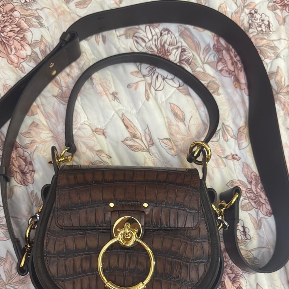 Brown Croc-Embossed Leather Bag with Gold Accents